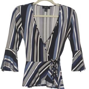 BCX XS Navy and White Striped Wrap Style Blouse With Tie Closure 3/4 Bell Sleeve